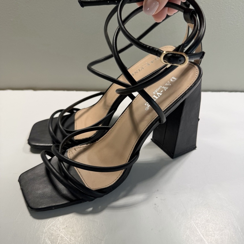 Women's Black Strappy Block Heels 8 Formal Party Evening Wear Square Toe